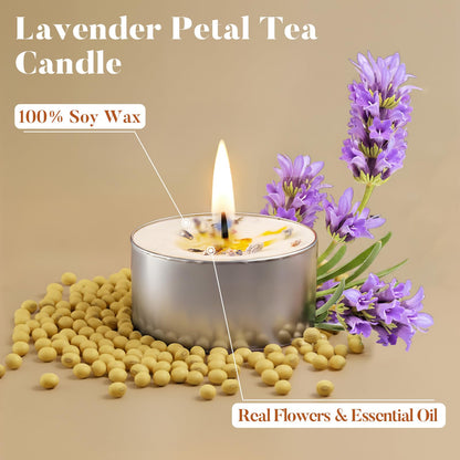 16 Pack Lavender Tealight Candles with Real Dried Petals, Natural Soy Wax, 6-Hour Burn Time for Home, Wedding, Bath Decor