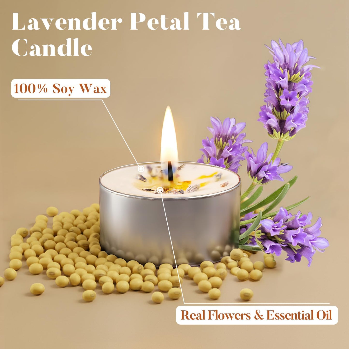 48 Pack Lavender Scented Tealight Candles with Real Petals, Natural Soy Wax 6H Burn Time, Non-Toxic Smokeless Scented for Bath, Wedding, Decor