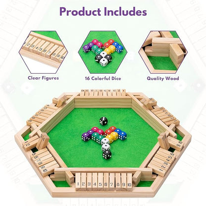 Shut The Box Dice Game - Classic Wooden Tabletop Game for 2-6 Players - Natural Wood Finish Family Board Game for Adults &amp Kids - Perfect for Parties Bars Classroom Math Learning