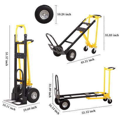 Convertible Hand Truck Dolly Cart,3-in-1 Industrial Aluminum Hand Truck,1000 Lbs Capacity Hand Trucks Heavy Duty Dolly Cart with Solid Wheels and Straps for Moving Transport (Black Yellow)