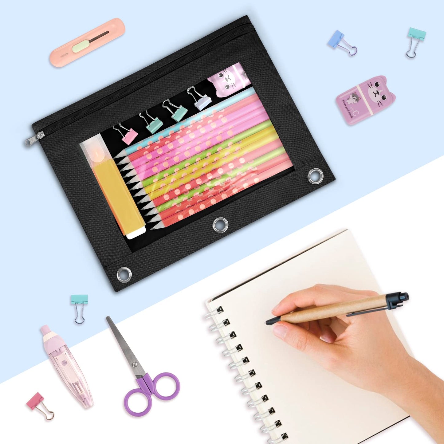 Sooez Pencil Pouch for 3 Ring Binder, 2 Pack Binder Pencil Pouch with Clear Window Pencil Bags with Zipper & Reinforced Grommets, Pencil Case for Binder Black & Black