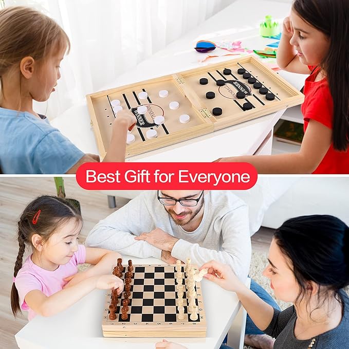 Sling Puck Game Chess Checkers Game Set 4 in 1 Board Game Fast Hockey Table Game Tic Tac Toe Slingshot Chess Set for Kids