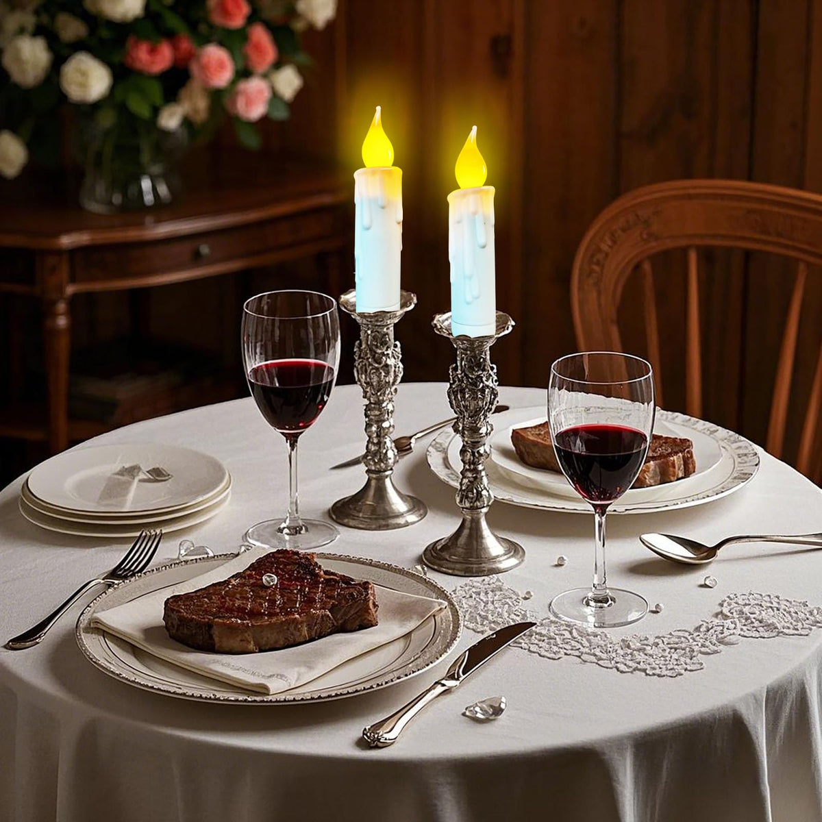 Flameless Short Taper Candles Battery Operated with Timer,4.75 Inch White LED Candlesticks Flickering Dinner Candle for Christmas Halloween Decorations,Set of 2 PCS