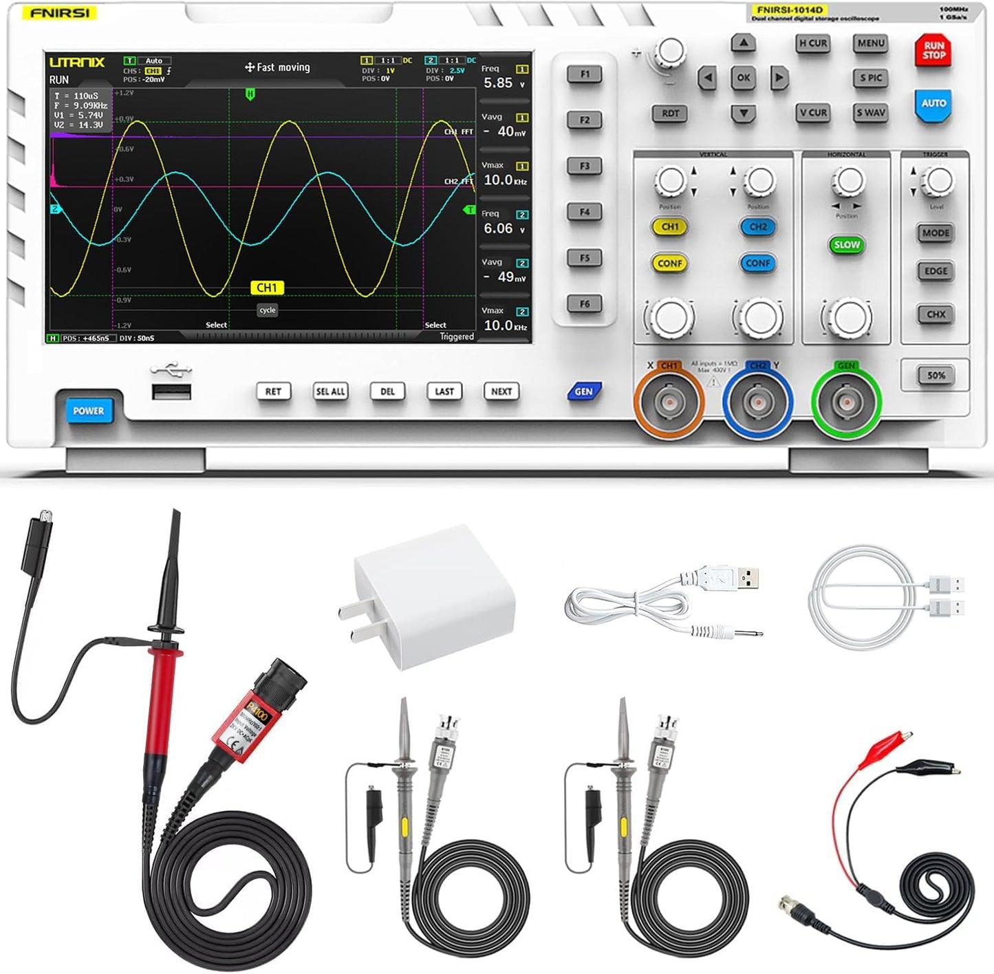 FNIRSI 1014D Oscilloscope 2 in 1 Digital Oscilloscope DDS Signal Generator, 100X High Voltage Probe, 2 Channels 100Mhz Bandwidth 1GSa/s Sampling Rate Built-in 1GB Storage Space