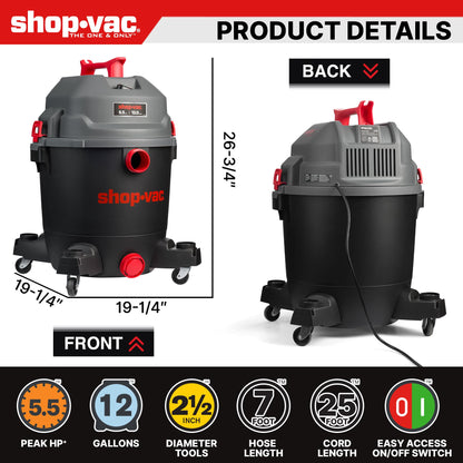 Shop-Vac 5430098 Ultra Quiet Wet/Dry Vacuum, 12 Gallon, 5.5 HP Powerful Suction & Heavy Duty for Jobsite, Garage, Workshop & Home