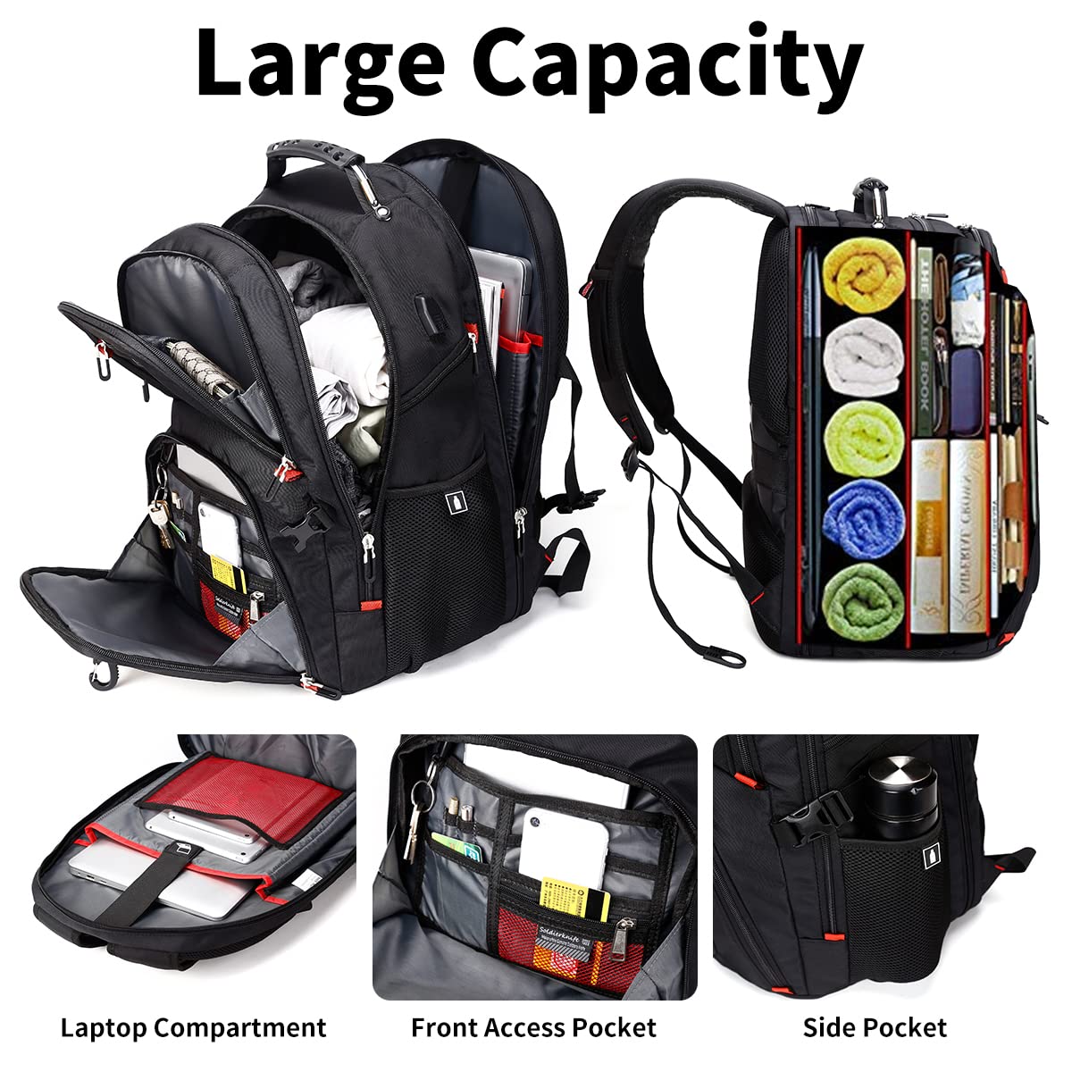 SHRRADOO Extra Large 50L Travel Laptop Backpack with USB Charging Port, College High School Backpack Airline Approved Business Work Bag Fits 17 Inch Computer for Men Women