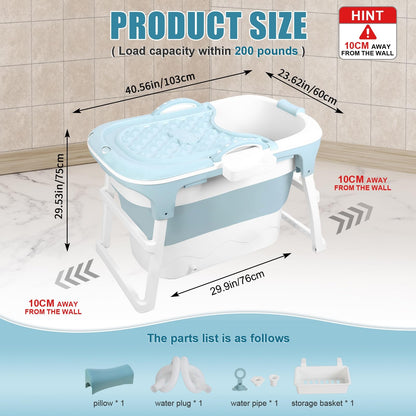 PlayNeew 103cm Portable Folding Bathtub, Small Foldable Soaking Tub with Ergonomic Seat & Massage Roller, Large Collapsible Freestanding Tub for Adults, Hot/Ice Bath Blue