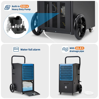 105 Pints Commercial Dehumidifier, Drain Hose, Timer, 4 Wheels, Large Capacity Dehumidifier for Basement, Ideal for Flood Repair, Warehouse, Factory, 110V/60Hz/520W, US Standard