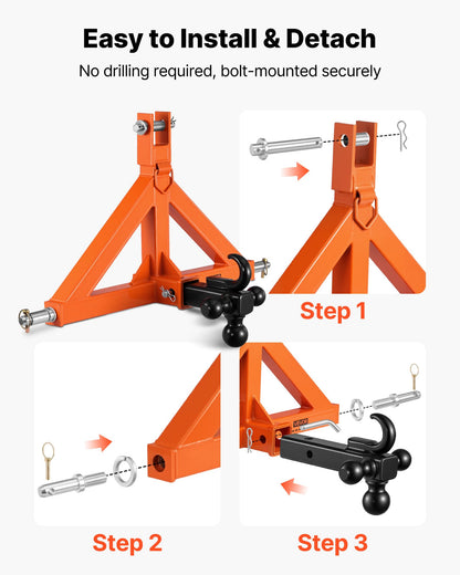 VEVOR 3 Point Trailer Hitch with 2" Receiver, 3 Pt Quick Hitch Attachment with 3 Trailer Balls, Tractor Tow Drawbar Adapter for Category 1, Kubota, Mahindra, Ford, Yanmar, John Deere, Massey Ferguson