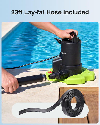 TaskStar 3035 GPH Automatic Pool Cover Pump with 23ft Hose Kit, 1/3 HP Submersible Water Pump with Anti-Clogging Filter Net & 3/4” Check Valve Adapter for Swimming Pool, Hot Tubs, Pond, Rooftops