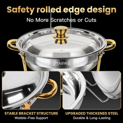 PTASYGK Chafing Dishes for Buffet - 4 Pack 5QT Gold Stainless Steel Round Food Warmer with Stainless Steel Lid, Lid Holder & Stackable Design for Home Parties & Small Catering