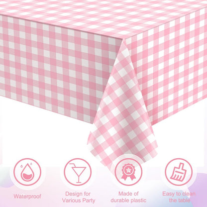 3 Pcs Pink and Whtie Gingham Tablecloth Decorations, Disposable Plastic Pink Checkered Tablecloth Buffalo Plaid Table Cover for Baby Shower Bridal Wedding Birthday Party Supplies,54 x 108 Inch