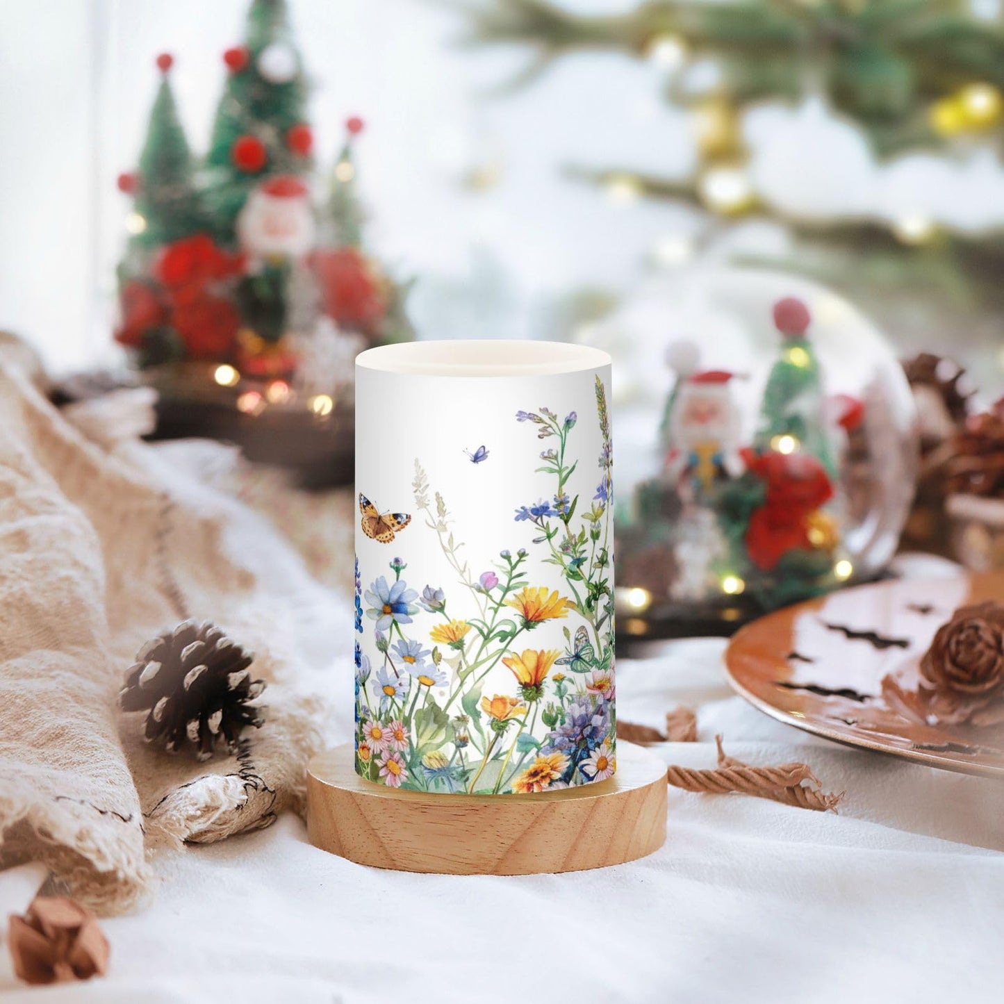 Flower Lights Flameless Candles Watercolor Wildflowers Spring Pillar Candles Set of 2 Battery Operated Remote Control Warm Lights Home Decor