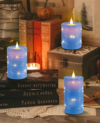 Upinmz Flickering Flameless Candles with Embedded String Lights, Battery Operated Candles with Remote Control and Timer,LED Candles for Home Decoration,Real Wax, 3 Pack Blue