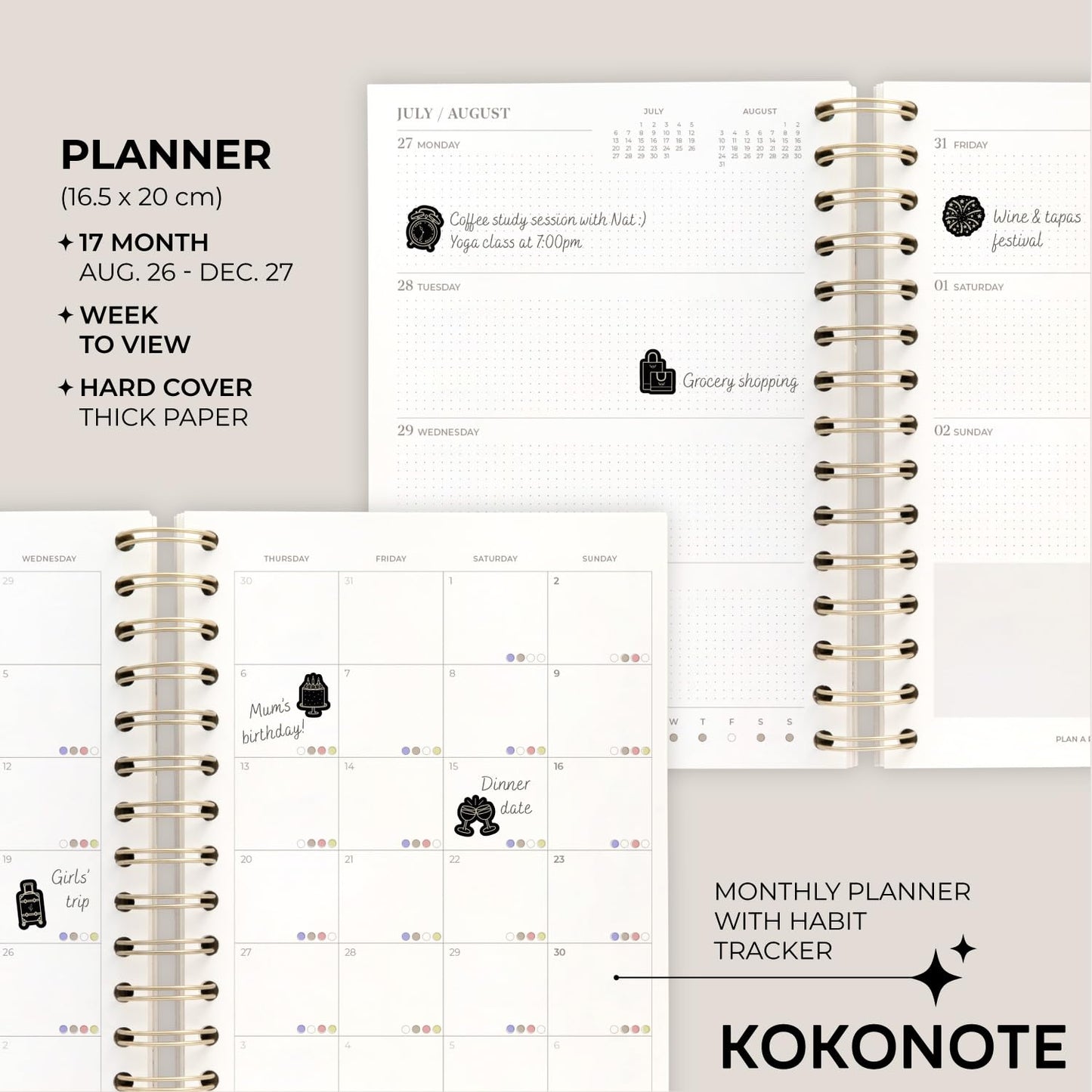 KOKONOTE Planner 2026-2027 Gazette - Planner for Women 17 Month (Aug 26/ Dec 27) | Weekly & Monthly Academic Planner 2026-2027 | 6.4" x 7.9" | Hardcover Agenda 2026 | Thick paper 120 g/m²