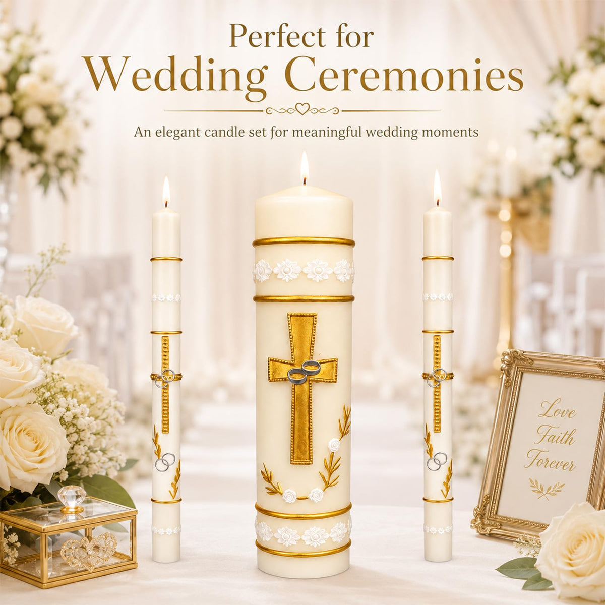 Unity Candles for Wedding Ceremony Set,Wedding Candles 1 Pillar 11.5 Inch and 2 Taper 10 Inch Set 3,Catholic Religious Ceremony Accessories,Velas para Boda (Cross & Rings)