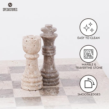Marble Chess Set for Adults 12 Inch Handmade Travertine and Oceanic Board Game with Storage Box Travel Chess Set for Tabletop with Pieces &amp 2 Extra Queens Gifts for Home Décor
