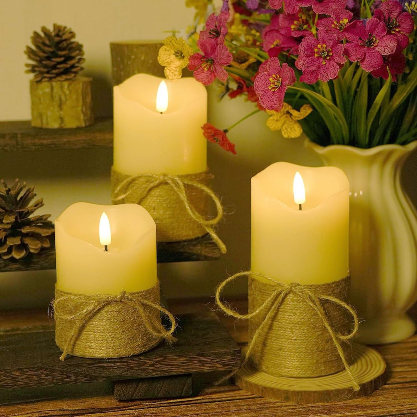 Homwamee Flameless Candles with Remote Timer-3D Flickering Hemp Rope LED Candles Set of 3(4”/5”/6”, Battery Powered for Home/Wedding/Party/Table Decorations