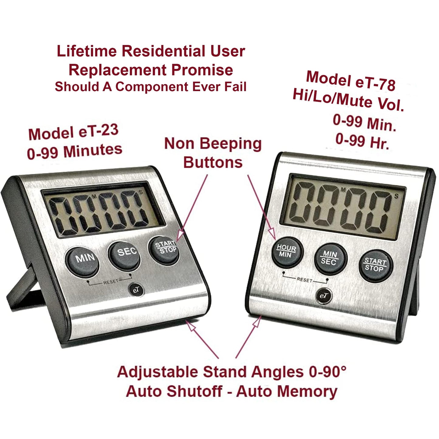 Elegant Digital Kitchen Timer Stainless Steel - Loud Alarm - Model eT-78