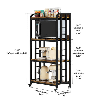 4-Tier Kitchen Baker's Rack with Rolling Wheels, Microwave Oven Cart Stand, Adjustable Utility Shelving Storage Unit, Heavy Duty Organizer Rack for Living Room, Garage, Home and Office(Brown)