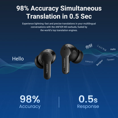 Anfier M3 AI Translator Earbuds Real Time, Online Translation Device in 144 Languages & Accents, 3-in-1 Two-Way Audifonos Traductores Inglés Español, Language Headphones for iOS & Android (Black)