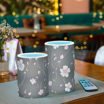 ALAZA Pink Cherry Blossom Flower Pattern Flameless Candles Flickering LED Candles with Remote Timer Battery Operated Pillar Candles Set of 2 for Dinner Holiday Decor