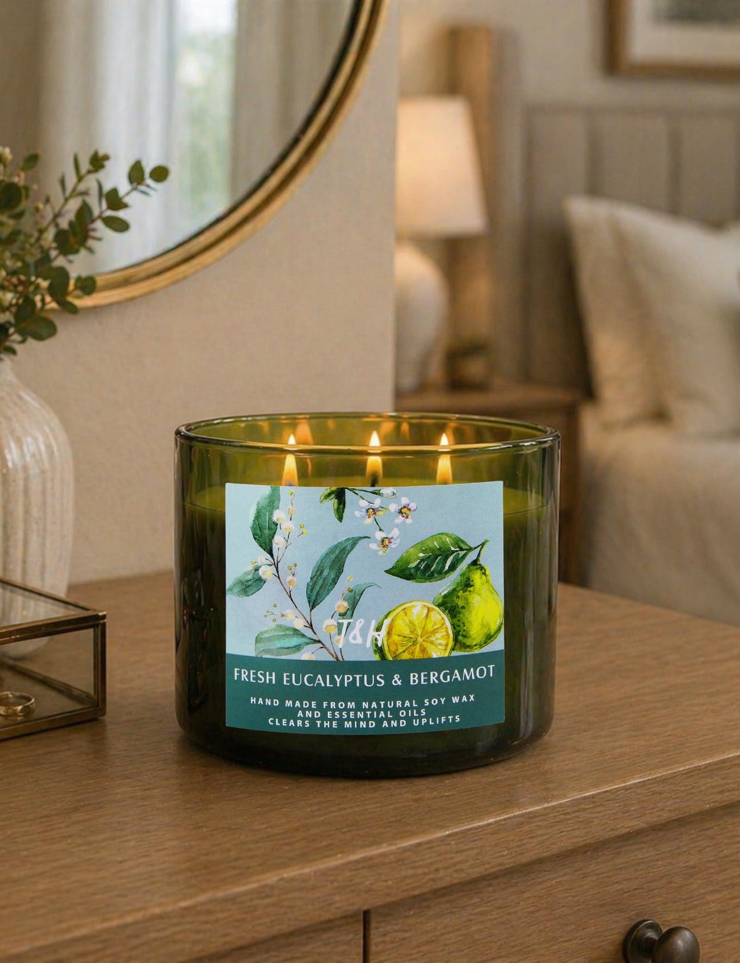 Eucalyptus Bergamot 3 Wick Candle for Home Scented | 15.8 oz Large Soy Candle | Spa Aromatherapy Candles for Home Stress Relief Relaxation | Clean Burn | Gift for Women & Men Housewarming