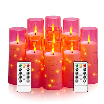 kakoya Flameless LED Candles with Timer 9 Pc Flickering Flameless Candles for Romantic Ambiance and Home Decoration Stable Acrylic Shell,with Embedded Star String，Battery Operated Candles(Pink)