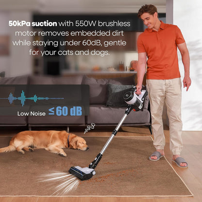 YONNDER Cordless Vacuum Cleaner, 550W 50KPA 70Mins Powerful Vacuum Cleaners for Home, with Anti-Tangle, LED Display Screen, Self-Standing Stick Vacuum for Hardwood Floors/Pet Hair/Carpet, M1, Silver