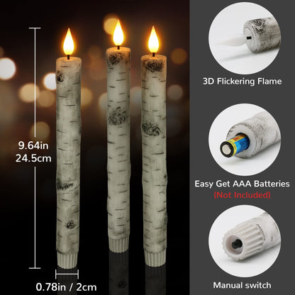 PChero Flameless Taper Candles with Remote Timer, Pack of 3 Birch Bark Real Wax Battery Operated Candlesticks, 9.6 Inches LED Flickering Window Candles for Home Wedding Christmas Decor