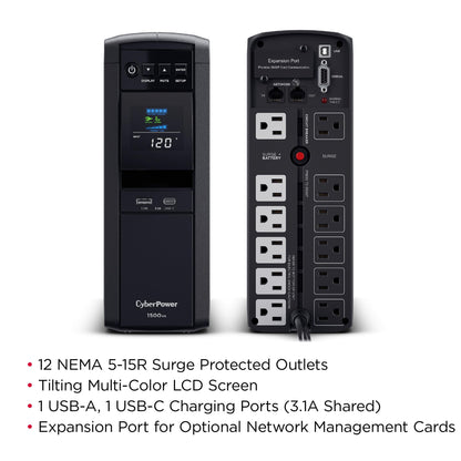 CyberPower CP1500PFCLCDTAA PFC Sinewave UPS System, 1500VA/1000W, 12 Outlets, AVR, Mini Tower, TAA Certified, Black