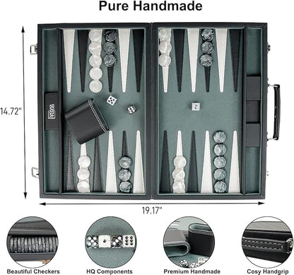 Backgammon Sets for Adults 15 Inches Backgammon Board Games for Adults Leather Backgammon Sets for Family &amp Travel Checkerboard Design Grey and Black