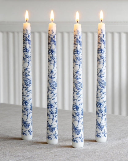 MAITREYA Chinoiserie Taper Candles Blue and White Chinoiserie Decor Candlesticks for Wedding Party Home Table Centerpiece Christmas Halloween Gifts-10Inch,4 Pcs,Bird