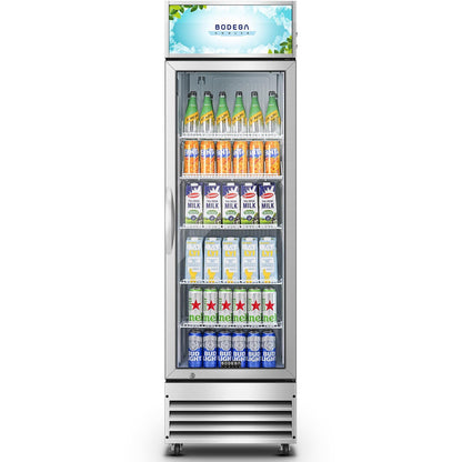 BODEGACOOLER Commercial Merchandiser Refrigerator, 12.5 Cu.Ft Glass Door Display Cooler, Upright Beverage Refrigerator with Soft LED Light, Adjustable Shelves, 4 Heavy-Duty Stainless Steel Casters
