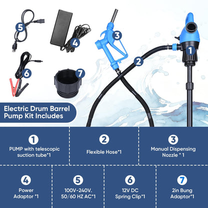 Electric Drum Barrel Pump, 110V-240V AC/ 12V DC Power, 55 Gallon Electric Transfer Pumps with 2-Inch Bung Adapter, 5 GPM Flow Rate, Suitable for DEF, Diesel, Water, Antifreeze