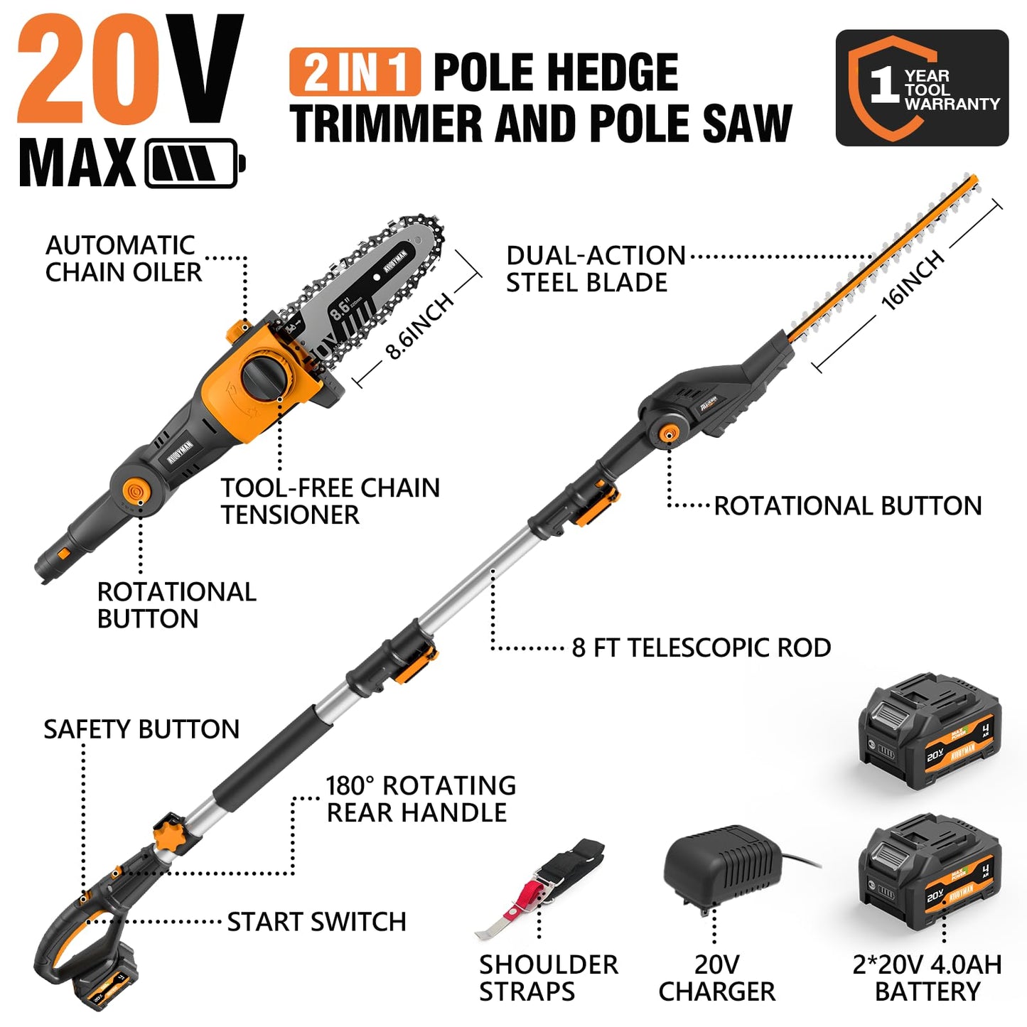 Alloyman 2-in-1 Telescopic Cordless Pole Hedge Trimmer 16-Inch and Pole Saw 8.6-Inch,with 2 Packs 4.0Ah Batteries & Charger,for Tree Trimming and Shrubs Pruning