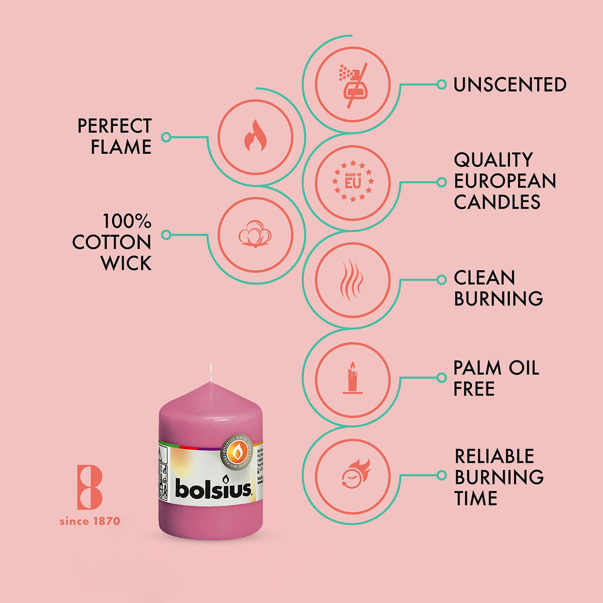 BOLSIUS 10 Pink Pillar Candles - 2.25 x 3.25 Inches - Premium European Quality - Individually Wrapped - 17 Hour Burn Time - Dripless Smokeless Unscented Dinner, Wedding, Party, & Restaurant Candles