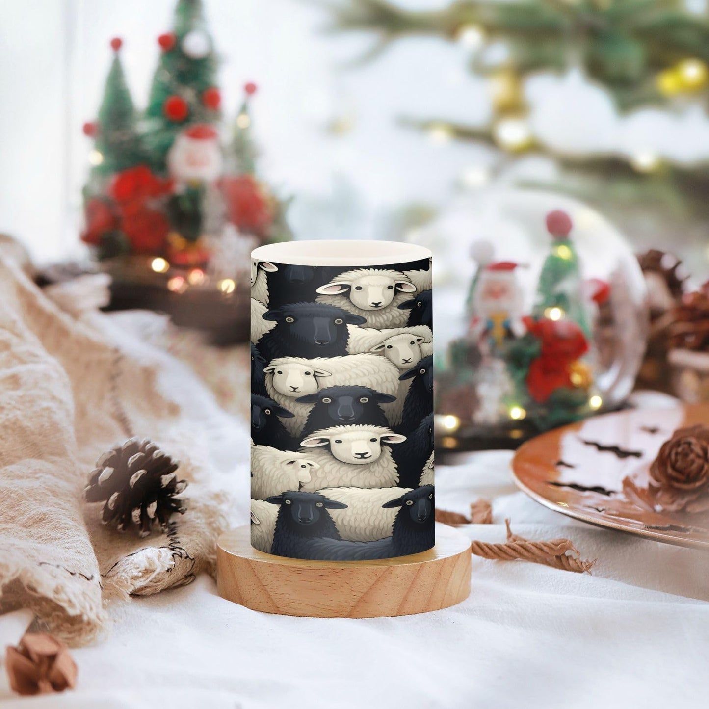 Lights Flameless Candles Black White Lamb Sheer Pillar Candles Set of 2 Battery Operated Remote Control Warm Lights Home Decor