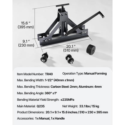 Mophorn 1-1/2" Tubing Rolling Bender Manual Square & Rectangular Tube Bender 14 Gauge Roller Tubing Roller Flat Bar Bender For Mild Steel Cooper & Aluminum