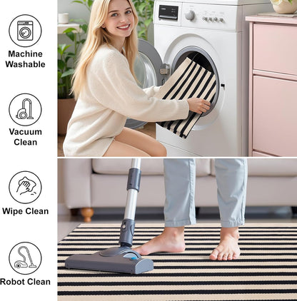 OLANLY Striped Rug - Washable Beige and Black Cotton Doormat | 2'4" x 3'7" for Indoor/Outdoor Use
