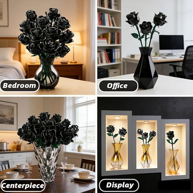 Black Roses Compatible with Lego Roses Bouquet Valentines Day Gifts for Her WomenGirlfriend Wife or Couples Gothic Decor Legi Flowers（No Vase）