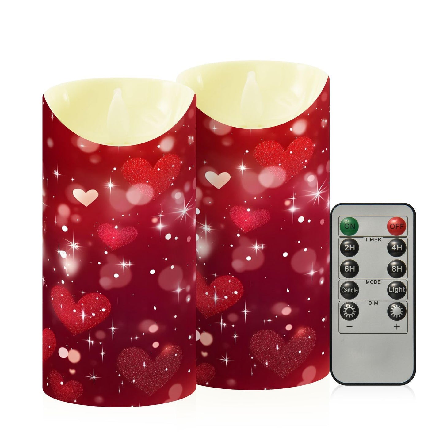 Valentines Flameless Candles Set of 2 Red Hearts Pattern Realistic LED Candles with Remote Battery Operated Holiday Decorations