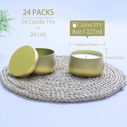 HOMAMAMOON 24 Pack 8oz Glod Candle Tins for Making Candles - Bulk Metal Candle Containers with Lids. Empty Round Candle Jars for DIY & Travel. Shatterproof & Sturdy Vessels for Small Business.