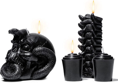 Skull & Spine Candles 4 Pack - Skeleton Snake, Spine & Black Bones Candle, Skulls, Magic Skulls Candlestick Spooky Gothic Emo Decor, Home & Bar Decoration, Large Creepy Skeletons Decorations