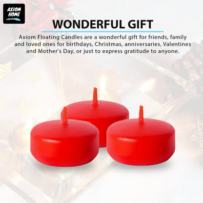 Axiom Red Floating Candles for Centerpieces - Floating Candle 2 inch Hand-Rolled Paraffin, Cotton Wicks, 4-Hour Clean Burn (Red (Unscented), 24 Count)