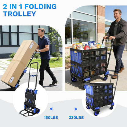 2 in 1 Folding Hand Truck with 2 Folding Basket,330lbs Capacity Heavy Duty Hand Truck,with Telescoping Handle and Rubber Wheels,Portable Dolly Cart with Bungee Cords for Moving,Travel,Shopping