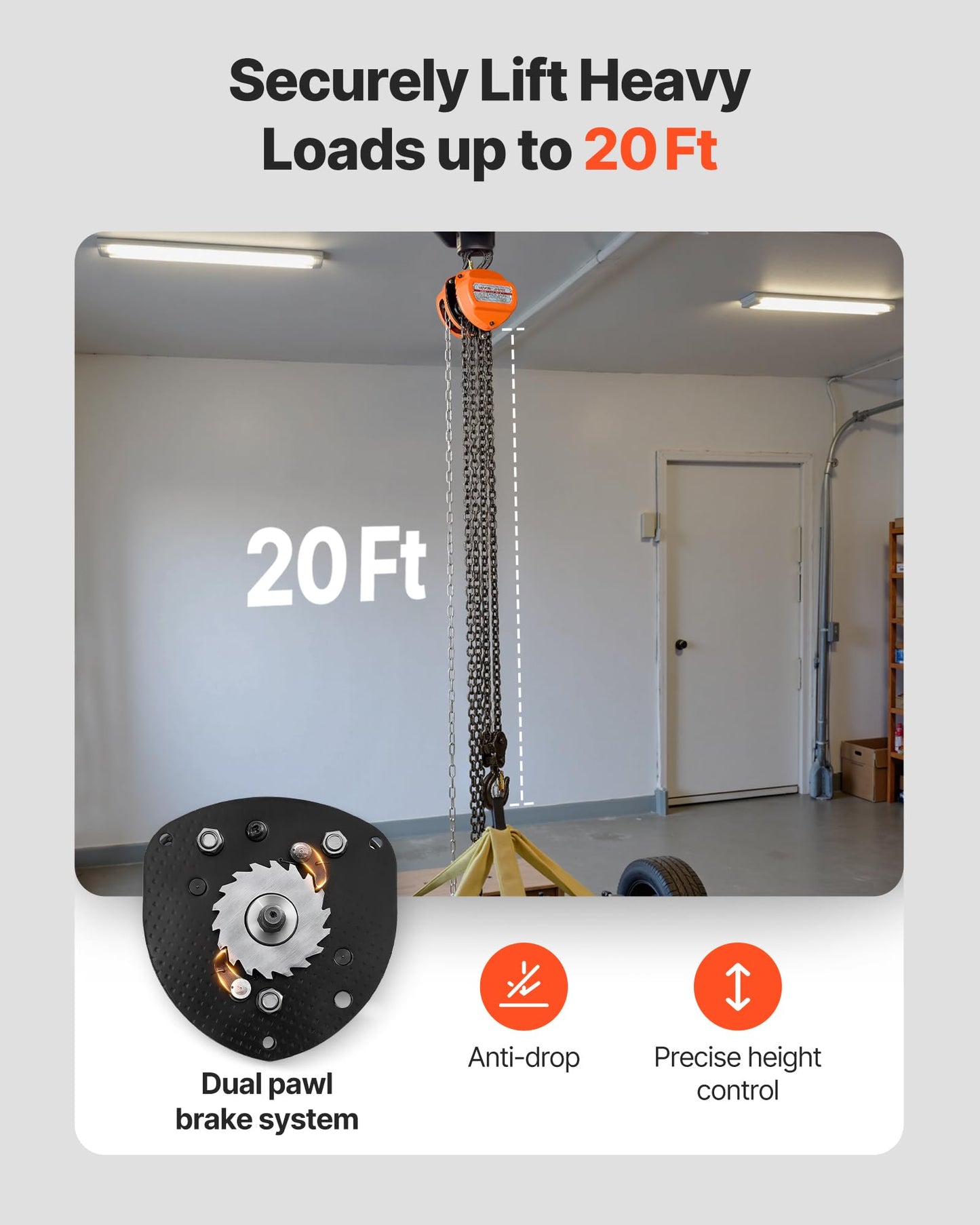 VEVOR Hand Chain Hoist, 3 Ton 6600 lbs Capacity, Manual Chain Block with Upgrade G80 Galvanized Chain, 20 ft Lifting Height, Heavy Duty Pulley Hoist for Garage Warehouse Automotive Machinery, Orange