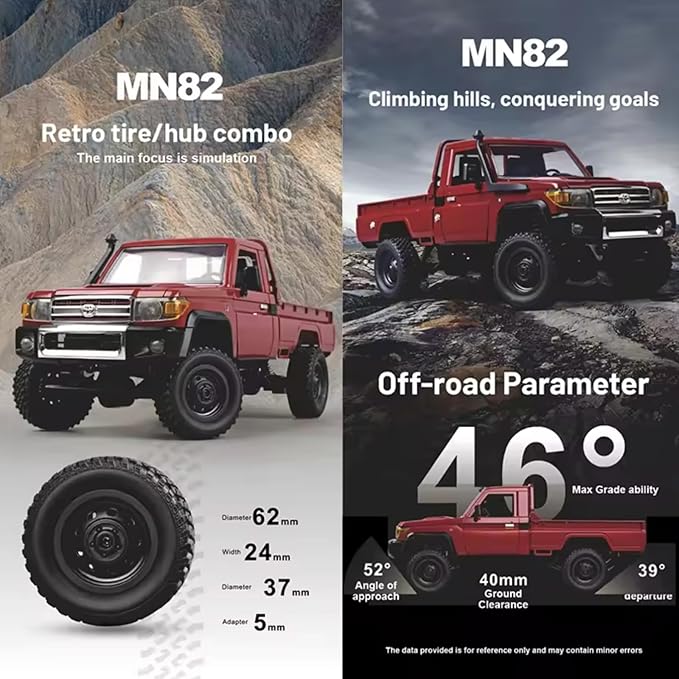 1:12 Scale Trucks MN82 RC Rock Crawler 2.4Ghz Toyota Remote Control Truck 4WD 2 Speeds Switch RC Crawler Off-Road Pick-up Equipped with 2 Rechargeable Batteries (Red)