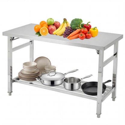 Garvee 60" x 24" Stainless Steel Folding Prep Table, Heavy Duty Commercial Work Table with Adjustable Undershelf for Restaurant, Kitchen, Food Service, Space-Saving, No Installation Required