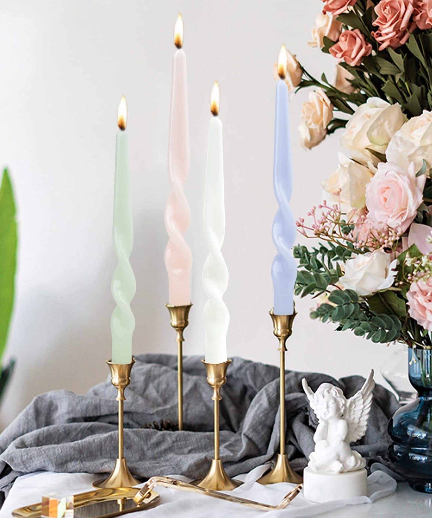 LPUSA White Spiral Taper Candles Twisted Candle Conical Stick Candles for Holiday Wedding Party Wax Unscented Dinner Candle Dripless,Birthday Gift Christmas Gift H 10 Inch,4pcs（White-A）